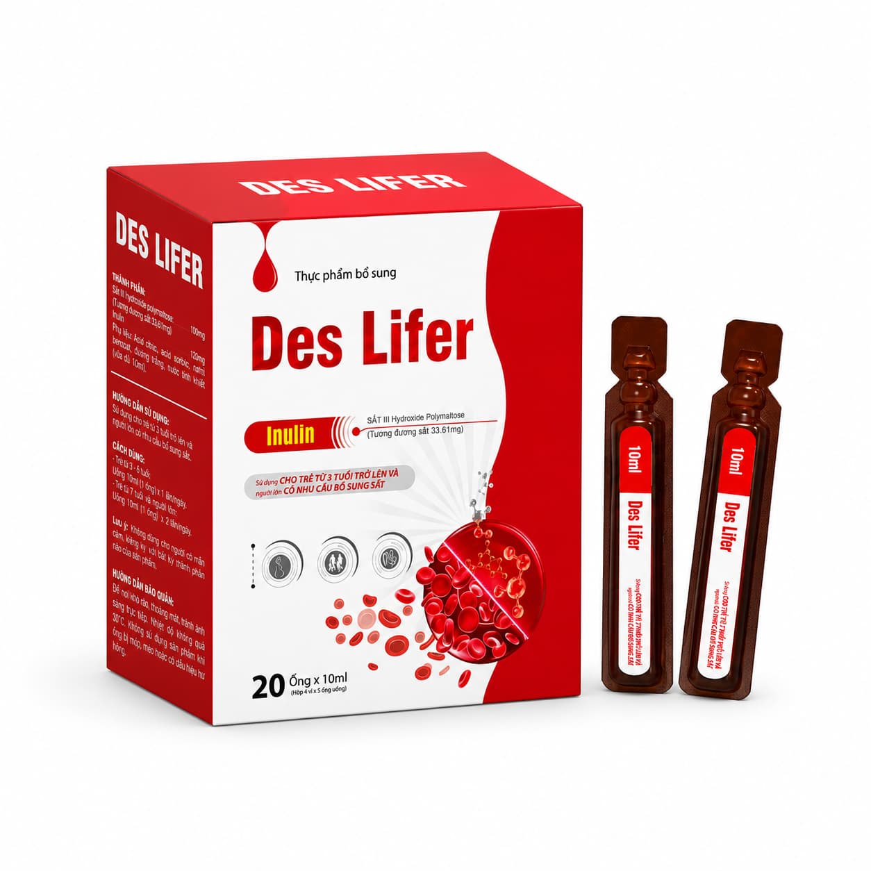 Siro bổ sung sắt Des Lifer 10ml chứa Sắt III Hydroxide Polymaltose và Inulin cho trẻ từ 3 tuổi và người lớn. Siro bổ sung sắt Des Lifer 10ml chứa Sắt III Hydroxide Polymaltose và Inulin cho trẻ từ 3 tuổi và người lớn.